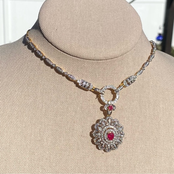 Diamond Necklace with Natural Burmese Ruby and Diamond pendantin 18K solid gold - Picture 2 of 15